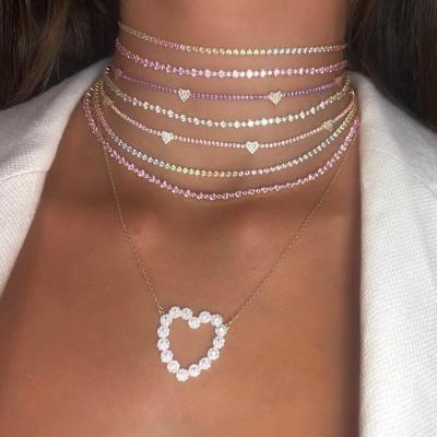 China CLASSIC CZ tennis heart chain charm necklace thin bracelet fashion soft candy pastel color jewelry set Valentine's gift for sale