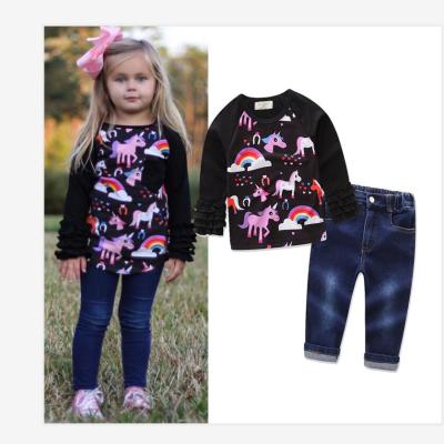 China Autumn Leisure Clothing Set Cotton Formal Black HSG47 Baby Long Sleeve Tops Cowboy Pants Pocket Jeans Girls Clothes for sale