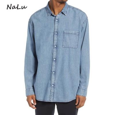 China Luxury Custom Blue Long Sleeve Denim Oversized Mens Jeans Shirts for sale