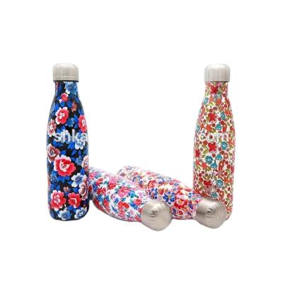 China Sustainable 500 Ml Print Flowers Double Wall Vacuum Insulated Stainless Steel Cola Shaped Water Bottle for sale