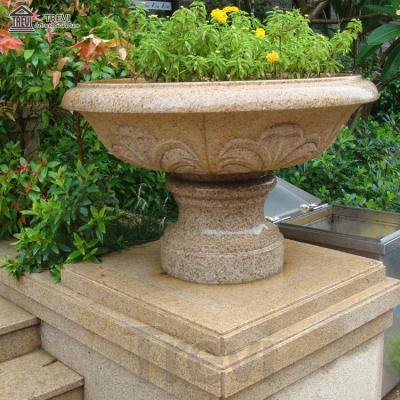 China Europe Garden Natural Beige Marble Stone Carving Plant Flower Pots For Customized for sale