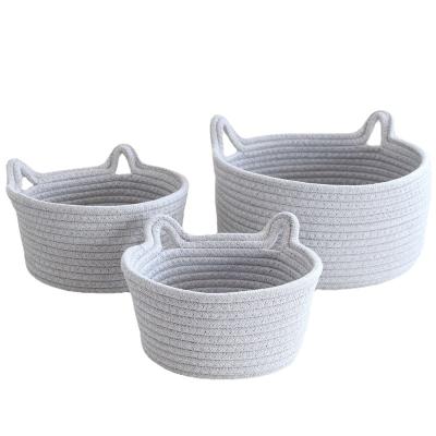 China Sustainable Bohemian Style Handwoven Cat Ears New Version Cotton Rope Closet Storage Basket Eco-friendly for sale