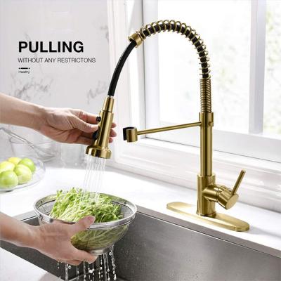 China Thermostatic Faucets Single Handle Brushed Gold Spring Kitchen Sink Faucet With Pull Down Sprayer for sale