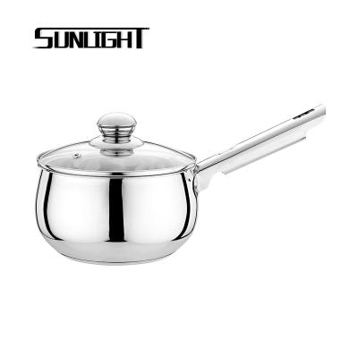 China Viable Belly 201 Stainless Steel Sauce Pan Milk Pot One Side Handle With Glass Lid for sale