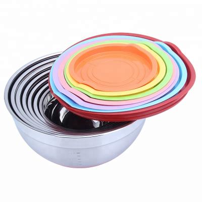 China Sustainable Silicone Multi-Size Bottom Stainless Steel Salad Mixing Bowl Set With Lids for sale