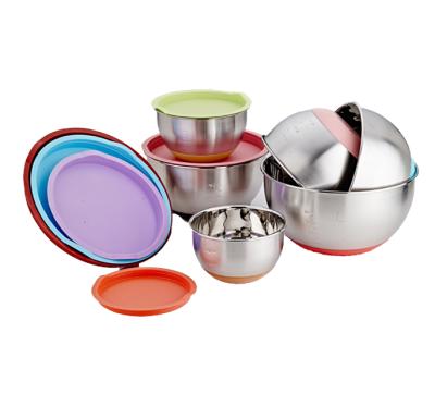 China Sustainable 5pcs Set Bottom Silicone Salad Mixing Stainless Steel Bowls With Lids for sale