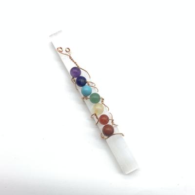 China China 7 Chakra Crystal Selenite Bar with Gemstone Bead Healing Crystal Sticks for Sale for sale