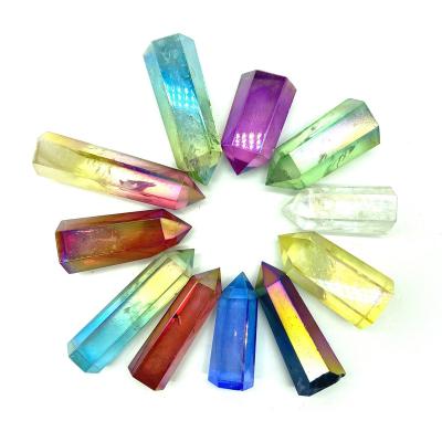 China Europe Wholesale Natural High Quality Electroplate Colorful Aura Quartz Point For Home Decoration for sale