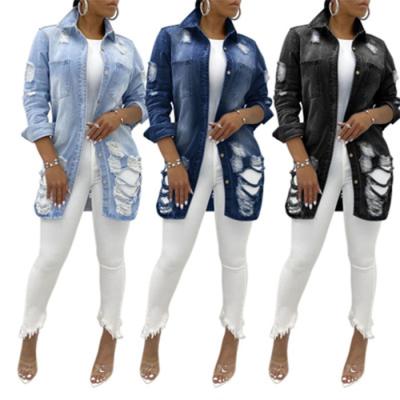 China 2020 Popular Street Style Long Vintage Jean Jackets Women's Anti-pilling Denim Jackets Loose Jean Coat Anti-pilling Sleeve Hole Jacket for sale