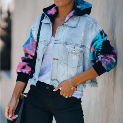 China Waterproof Women Waterproof Lady Tassel Female Clothing Casual Ripped Holes Jean Jackets Tie Dye Patchwork Denim Jacket Coat for sale