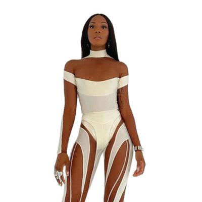 China 2021 Summer New Arrival Anti-Wrinkle Patchwork Mesh Women Bodycon Jumpsuit Anti-wrinkle Neck Support Contrast Color Jumpsuit for sale