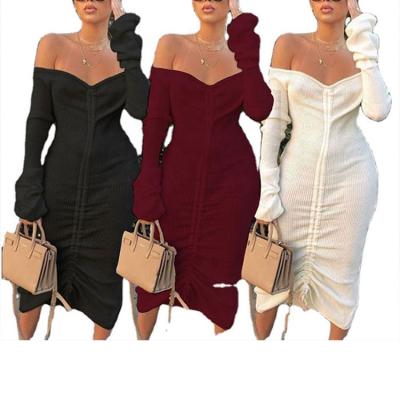 China New Fashion Breathable Autumn Off Shoulder Solid Long Breathable Sleeve Knit Midi Dress For Women for sale