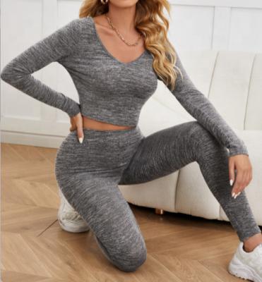 China Women Crop Top Tracksuit Women Crop Top Sexy Deep Crop Women Tracksuit Top Wholesale V-Neck Top In Solid Gray Fashion Yoga Pants Suite Sets for sale