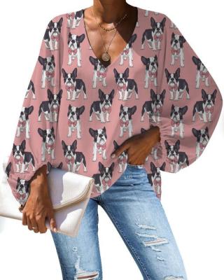 China Viable Boston Terrier Dogs Printed V-Neck Long Sleeve Tops Loose Fit Casual Chiffon Blouses Shirt Women Clothes Summer 2020 Sexy for sale