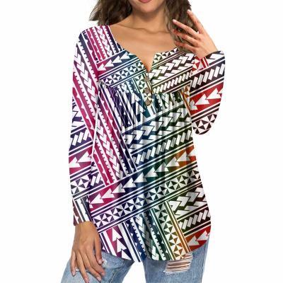 China Anti-wrinkle Paisley Somoa Tribe Totto Stripe Print Women Long Sleeve Pleated Loop Shirt Polynisian Print Ladies Tops Custom 3D Print for sale