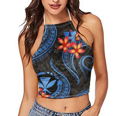 China Sexy Women Polynesia Samoan Plumeria Floral Print Women Casual Tribal Blue Vest Halter/Stretch Sleeveless Soft Camisole Tops for sale