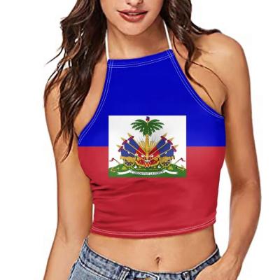 China Custom QUICK DRY Custom Sexy Soft Sleeveless Camisole Crop Top Haiti Flags 3D Print Woman Halter Vest Summer Beach Party Backless Tank Top for sale