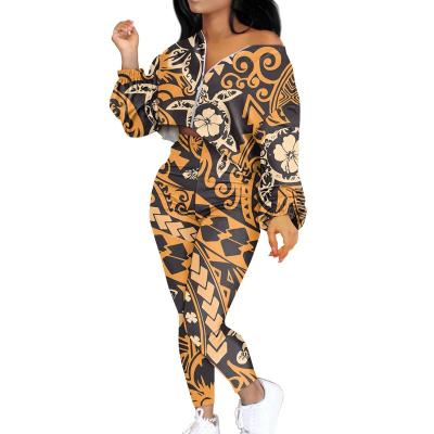 China QUICK DRY Original Hawaii Tribal Polynesian Print Plus Size 2Pcs Set Women Clothing Zipper Loose Crop Tops Autumn Winter Casual Tracksuits for sale