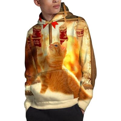 China Wholesale Cat Santa Claus Christmas Print Men's Hoodies Breathable Sweater Customize Your Design Oversized Casual Men's Pullover Hoodie for sale