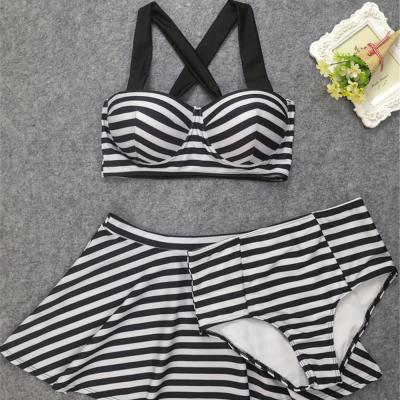 China Breathable New Style Striped Women 3 Three Piece Swimsuit Ladies Plus Size High Waist Swimsuit With Skirt Bikini Set Beach Swimwear for sale