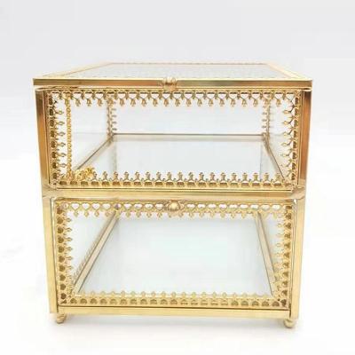 China Luxury Metal Glass Gold Stand Vanity Cosmetic Makeup Organizer for sale