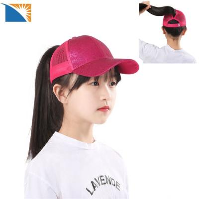 China Cute COMMON Summer Hats Kids Beach Sun Protection Trucker Hat Ponytail Hole Glitter Girls Hats Baseball Cap for sale