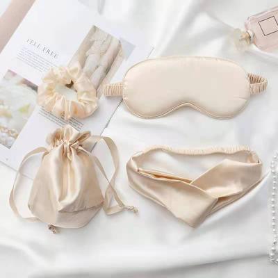 China Comfortable Silk Satin Sleep Eye Mask Set With Head Band Gift Bag And Hair Scrunchies For Wedding Keepsake Gifts for sale