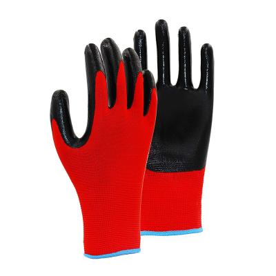 China Flexible 3G Polyester Red Shell Oil Resistant Hand Safe Palm Coating Nitrile Gloves for sale