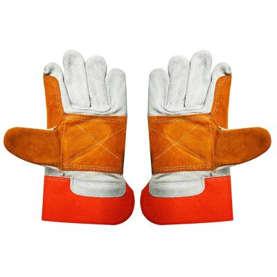 China Flexible Stripe Back Safety Cuff Connected Palm Cow Grain Leather Glove Importers Leather Work Gloves for sale