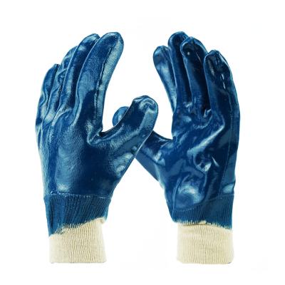 China Flexible Blue Nitrile Coating Singlet Fully Liner With Knit Wrist Cotton With Nitrile Coated Gloves for sale