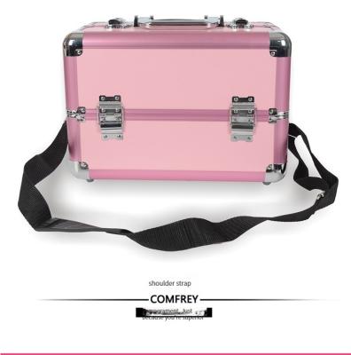 China New Fashion Large Two Stain Layer Four Box Aluminum Alloy Storage Makeup Box With Shoulder Straps for sale