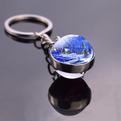 China Fashionable Christmas Tree And Snow House Key Chain Double Sides Glass Ball Car Key Ring Key Chain for sale