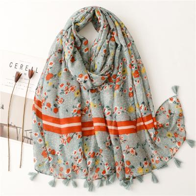 China Fashion Amazon Malaysia Tudung Hot Sale Floral Printed Viscous Scarf With Fringe High Quality Muslim Hijab For Women for sale