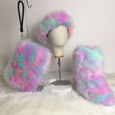 China 2021 Fashion Trend Ladies Fur Boots Women Mongolian Faux Fur Boots With Snow Faux Fur Winter Warm Boots And Matching Headbands for sale