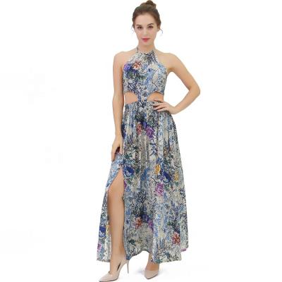 China New Style Anti-Static Elegant Blue Floral Print Long Ladies Beach Sexy Summer Women Clothes Dress for sale