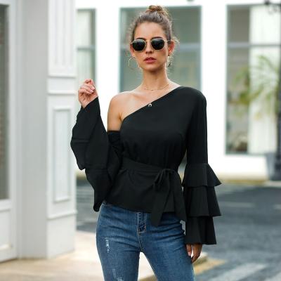 China Hot Sale Elegant Women Anti-pilling Ruffles Long Sleeve One Shoulder Belted Chiffon Tops One Shoulder for sale