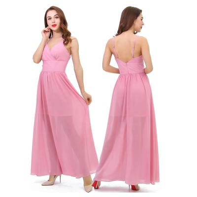 China Custom Made Anti-Static Hot Pink Color V Neck Chiffon Long Bridesmaid Dresses Ladies Maxi Dress Ladies Women Dress for sale