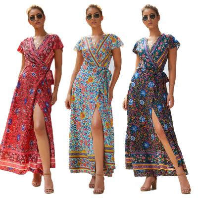 China Anti-Static Women Sexy High V-neck Split Bohemian Party Maxi Dress Summer Beach Boho Floral Print Vestidos Long Casual Dresses for sale