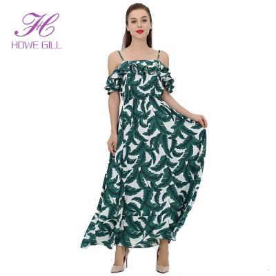 China Anti-Static Hawaii Outlets Beach Customized Design Women Long Dresses Sexy Leaves Printing Maxi Dress for sale