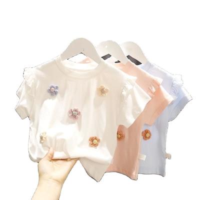 China Newest Summer Style Baby Kids Blouses Anti-Shrink Short Sleeve Cotton Knitted Flower Girl Soft Casual T-shirt for sale