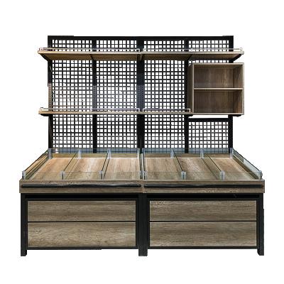 China Supermarket Single Sided Wooden Shelf Steel Wood Grain Combined Grocery Retail Rack Display Store Shelves Single Double Side for sale