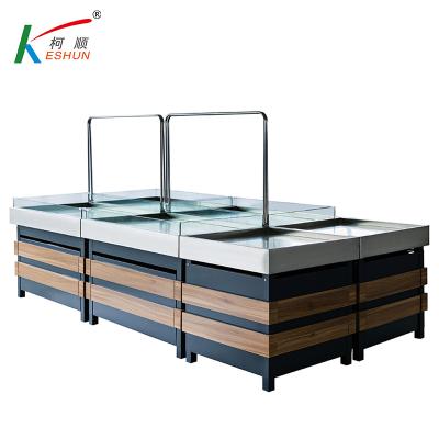 China Factory Supplier Customized Professional Supermarket Fruit and Vegetable Wooden Racks Double Sided for sale