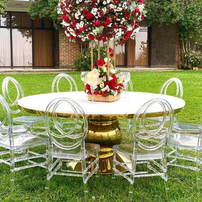 China Modern Wholesale Wedding Event White Mdf Top Big Ball Gold Metal Bottom 8 seater Round Tables For Events Party for sale