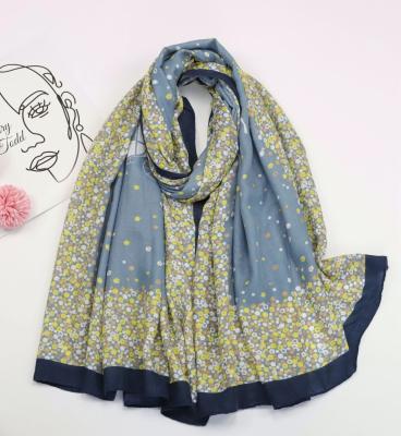 China Japanese Soft Blue Floral Muslim Cotton Printed Shawl Scarf Fashion Hijab 180*80 Spring Women Small And Korean Headscarf Cotton Scarf for sale