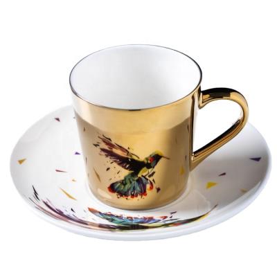 China Traditional Magic Colorful Coffee Cup Pocelain Cup And Saucer C1903-E Hummingbird Design With Spoon for sale