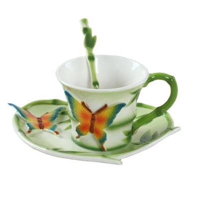 China Traditional 3D Flower Shape Ceramic Cup And Saucer With Spoon For Soldering Party Or Tea Time for sale