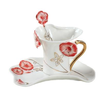 China Traditional 3D Flower Cup And Saucer For Tea Time Mug Ceramic Cup for sale