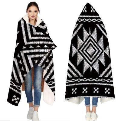 China PORTABLE Thick Fluffy Vintage Fleece Ethnic Printed Hoodie Blankets For Kids Adults for sale