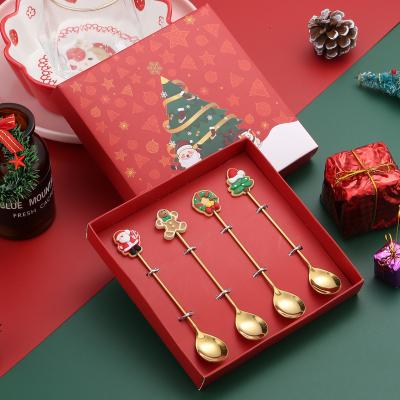 China Disposable Metal Gold Merry Christmas Spoon Cutlery Golden Mirror Polish Children Cute Cartoon Coffee Spoon Metal Set With Gift Box for sale