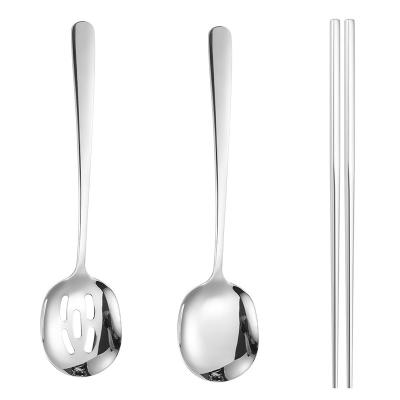 China Sustainable 3 Pcs Serving Spoon Colander Chopsticks Cutlery Portable Travel Cutlery Metal Flatware Sets for sale